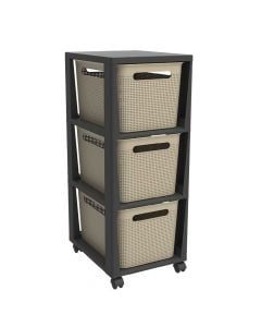 Storage rack with wheels "Brisen" in plastic color cappucino, black, Capacity 3 x 16 l, Dimensions : H 77 cm x L 36.6 cm x P 29.6 cm