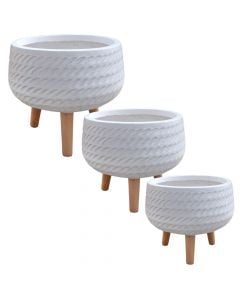 Flower pot, set 3 pieces, fibreclay, white, 24x24x23 cm; 32x32x28 cm; 42x42x32 cm