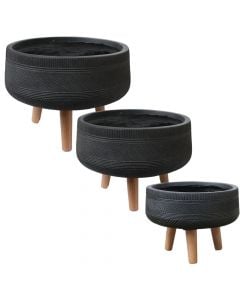 Flower pot, set 3 pieces, fibreclay, black, 29.5x29.5x22 cm; 36x36x26 cm; 44x44x28 cm