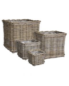 Storage basket, set of 4 pieces, Marcia, rattan, grey, 18x18xH14 cm; 21x21xH17 cm; 27x27xH25 cm; 33x33xH30 cm