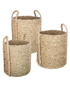 Storage basket, set of 3, circular with handle, sea straw, brown, S-21x21xH25cm; M-27x30xH30cm; L32x32x32xH35cm