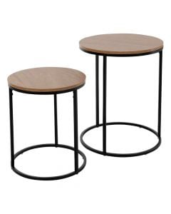 Tavolinë anësore, set 2 copë, strukturë metalike, syprinë druri, e zezë/natyrale, Ø34xH40 cm; Ø40xH50 cm
