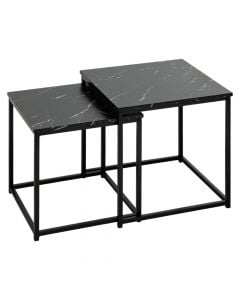 Coffee table, Jones, set 2 pieces, metal structure, mdf tabletop, black, 33.5x33.5xH36 cm; 37.5x37.5xH40 cm