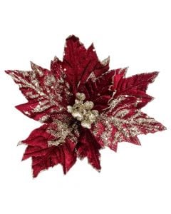 Decorative flower with clasp, Poinsettia, polyester, red, gold, L25 cm