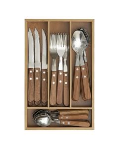 Serving set spoons and forks (PK 24), stainless steel/bamboo, brown, 30.2 x 19.3 x  H. 5.2 cm