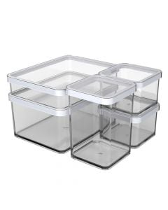 Storage box set (5 pieces), plastic, transparent/white, 1x2.25 L / 2x1 L / 2x0.5 L