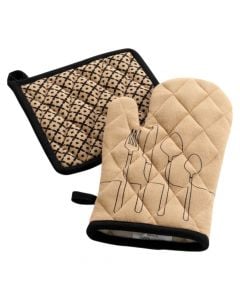 Kitchen glove and pot holder, beige, 18x28 cm/20x20 cm, cotton