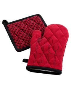 Kitchen glove and pot holder, red, 18x28 cm/20x20 cm, cotton