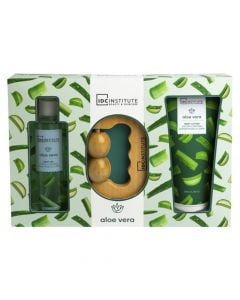 Massage set, IDC Institute, Aloe Vera, green, 250ml body oil, 200ml body lotion, massage roller, 1 pack