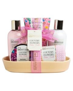 Set dushi, IDC Institute, Country Flowers, ceramic, 200 ml shower gel, 200 ml body lotion, 150 ml body scrub, 50 ml hand cream, towel, 1 pako