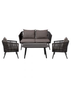 Set of 2 single armchairs + 1 double armchair + 1 Dili table, aluminum / woven PE, black, 65x70xH69/136x70xH69/90x50xH46.5 cm