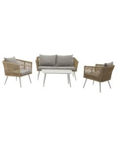 Set of 2 single armchairs + 1 double armchair + 1 Hamilton Island table, aluminum / woven PE, white, 65x70xH69/136x70xH69/90x50xH46.5 cm