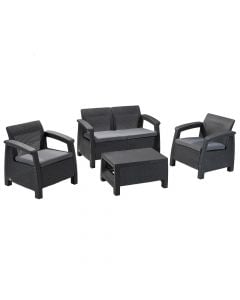 Novara set of 2 single armchairs + 1 double armchair + 1 middle table with glass, plastic rattan, anthracite gray, single 75x70x79cm, double 128x70x79cm, table 77x57x42cm