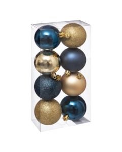 Decorative sphere (pk 8), plastic, blue and gold color with xixa, D 7 cm