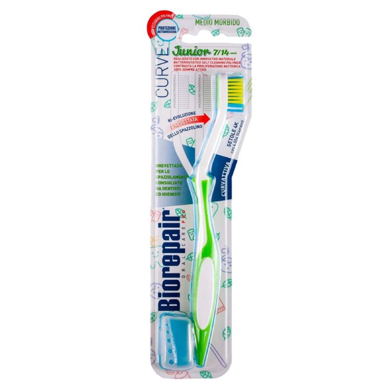 Curved toothbrush, Junior, Biorepair, plastic, 22x5 cm, gree